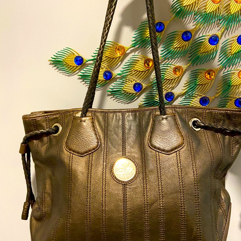 CELINE BROWN/BRONZE CARRIAGE PATENT LEATHER TOTE BAG